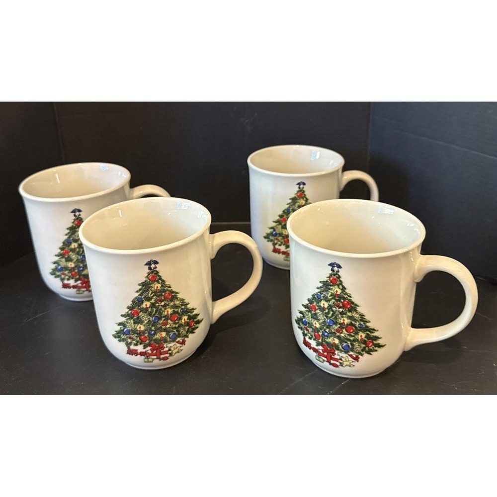 Mount Clemens Pottery Christmas Tree Coffee Tea Mug Mugs 4" Tall Set Of 4 VTG